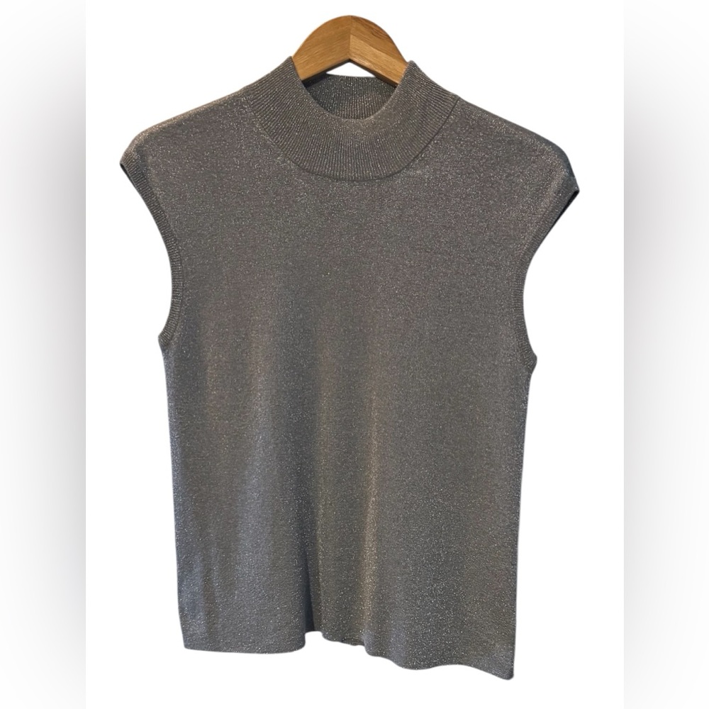Coldwater Creek silk silver metallic sleeveless mock neck top size L like new